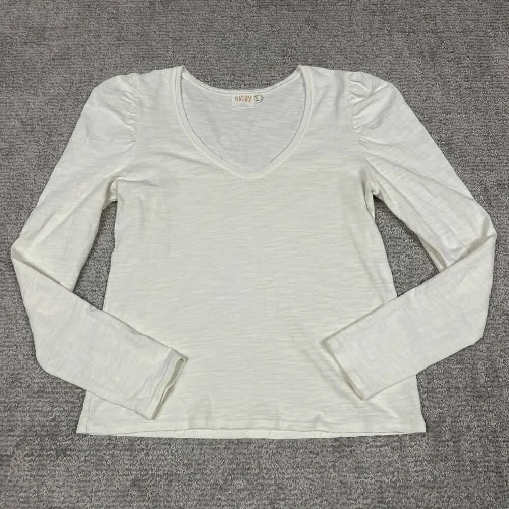 Nation LTD Blouse Womens Medium Shirt Puff Sleeve Top Cream V Neck Cotton Peru